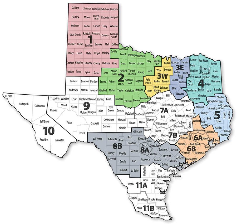 Texas map of CBC areas, as described in the on the Community Areas page